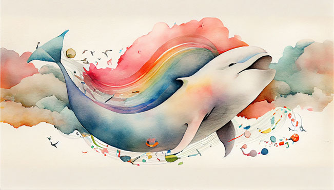 Papel pintado o fotomural dibujo ballena en nubes y arcoíris